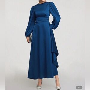 US 4 Small - Modelyn Blue Elegant A-Line Maxi Dress - Lantern Sleeves (NEW)
